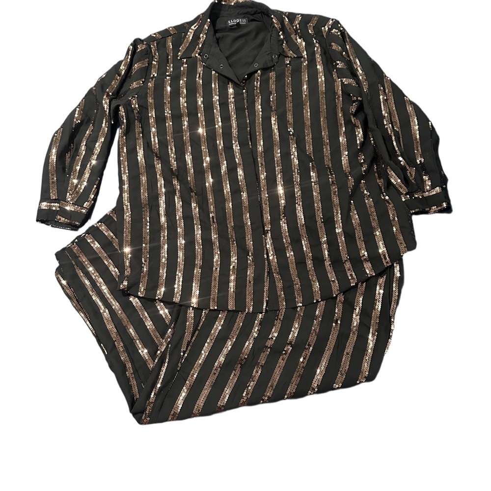 Eloquii Black Gold Stripe Set Top Pants